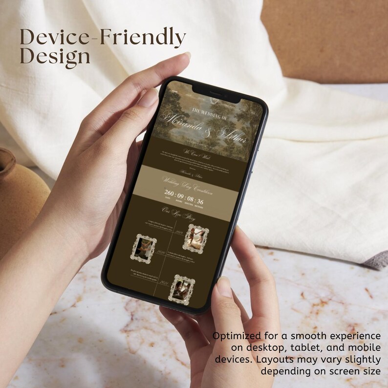 May include: A smartphone displaying a digital wedding invitation with a dark brown and beige color scheme. The screen shows the text The Wedding of Miranda & Alistair, a countdown timer, and three small framed photos in a vertical layout.