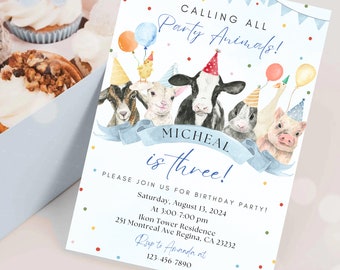 May include: A birthday party invitation with a watercolor illustration of farm animals wearing party hats. The invitation says "Calling all Party Animals! Micheal is three!" and includes the date, time, and location of the party. RSVP information is also included.