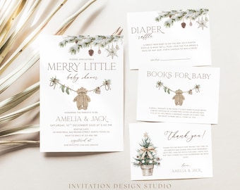 May include: A set of baby shower invitations and cards with a winter theme. The main invitation reads "Merry Little Baby Shower" with details for Amelia & Jack. Additional cards include a diaper raffle, books for baby, and thank you notes.
