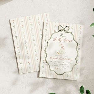 May include: Two invitations with a floral and striped pattern. The front invitation features the text "One Silly Goose" and "Elizabeth's First Birthday" with a watercolor illustration of a goose wearing a party hat. The background is a soft pink and white.