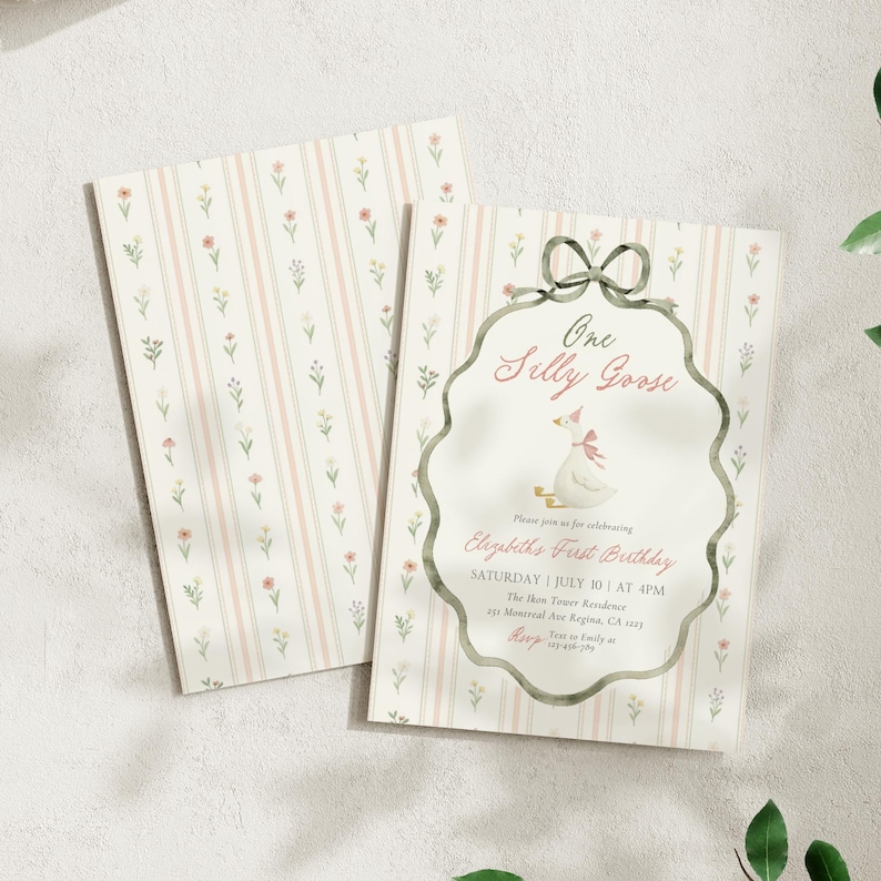 May include: Two invitations with a floral and striped pattern. The front invitation features the text "One Silly Goose" and "Elizabeth's First Birthday" with a watercolor illustration of a goose wearing a party hat. The background is a soft pink and white.