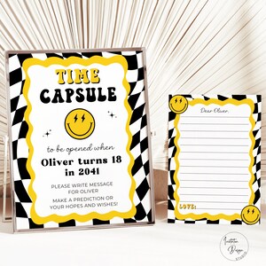 Um cara feliz Cápsula do tempo Sinal Smiley Face Aniversário Cápsula do tempo Cartão One Cool Dude Party Favors