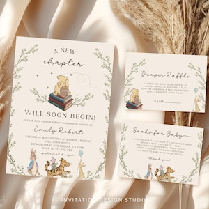 Set de baby shower "Un nuevo capítulo pronto comenzará", paquete de invitaciones clásicas para baby shower de Winnie the Pooh, set de invitaciones de baby shower de cuentos