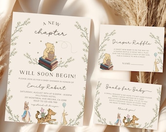 Ein neues Kapitel beginnt bald Babyparty-Einladungsset, klassisches Winnie the Pooh-Babyparty-Einladungspaket, Storybook-Babyparty-Einladungsset