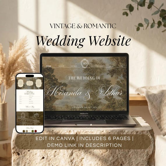Vintage & Romantic Wedding Website Template, Old Money Aesthetic Canva Website Template, Romantic Luxury Wedding Website