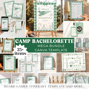 May include: A collection of green and white camp-themed stationery items, including invitations, itinerary templates, and game instructions. The text "Camp Bachelorette" and "Camp Emily" are visible, along with illustrations of tents and trees. The bundle includes over 25 items.