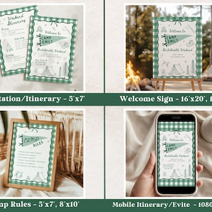 May include: A collection of camping-themed stationery items. Includes invitations, itineraries, welcome signs, and camp rules, all with a green and white gingham border. The designs feature camping icons and text, perfect for a bachelorette weekend.