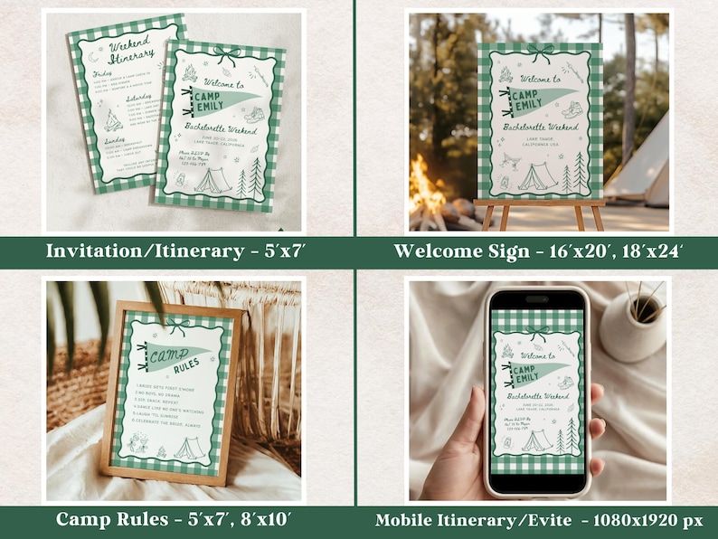 May include: A collection of camping-themed stationery items. Includes invitations, itineraries, welcome signs, and camp rules, all with a green and white gingham border. The designs feature camping icons and text, perfect for a bachelorette weekend.