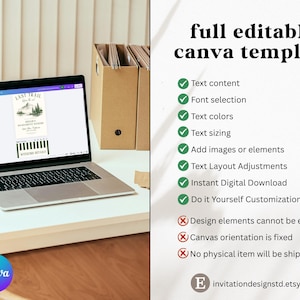 May include: A laptop displays a Canva template with the text "LAST TRAIL" and a mountain graphic. The image also shows a list of editable features, including text content, font selection, and text colors. The template is for instant digital download.