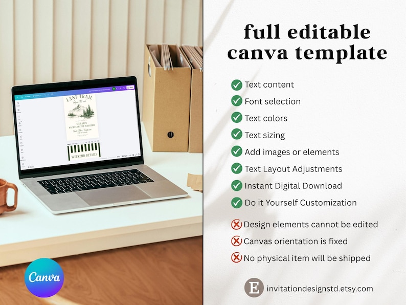 May include: A laptop displays a Canva template with the text "LAST TRAIL" and a mountain graphic. The image also shows a list of editable features, including text content, font selection, and text colors. The template is for instant digital download.