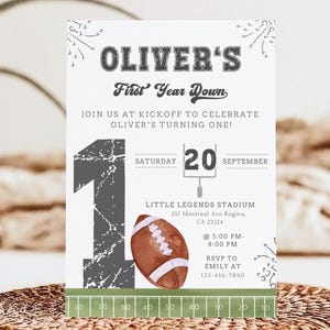 First Year Down Birthday Invitation First Down Birthday Invitation Football 1st Birthday Invite Editable Template