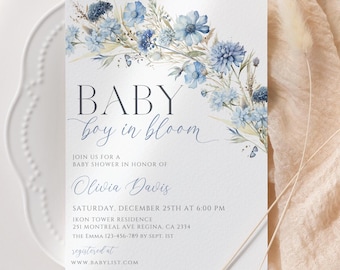 Baby in Bloom Boy Baby Shower Invitation Dusty Blue Flowers Baby Shower Evite Boho Baby Shower Butterfly Invite
