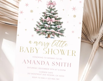 May include: A pink and gold baby shower invitation featuring a watercolour illustration of a Christmas tree adorned with pink bows and baubles. The text reads "a merry little baby shower" and includes the name Amanda Smith, the date and time of the event, the location, and RSVP details.