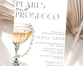 May include: A white bridal shower invitation with a gold and white illustration of a champagne flute with a pearl necklace draped around it. The text reads "Pearls and Prosecco" and includes the bride's name, date, time, and location. The invitation also includes the text "Registered at Amazon & Target".