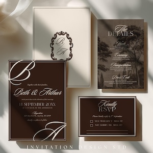 May include: A wedding invitation suite featuring a dark brown main card with cream text for Beth & Arthur, a cream card with a dark brown monogram, a dark brown RSVP card, and a dark brown details card with a landscape illustration and white text.