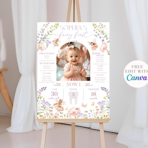 May include: A personalized 'Sophia's Fairy First' birthday sign on an easel. The sign features a photo of a baby, floral illustrations, and details like height (30 inches), weight (18 pounds), and the text 'Free Edit with Canva'.
