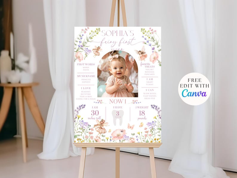 May include: A personalized 'Sophia's Fairy First' birthday sign on an easel. The sign features a photo of a baby, floral illustrations, and details like height (30 inches), weight (18 pounds), and the text 'Free Edit with Canva'.