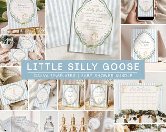 Boy Silly Goose Baby Shower Invitation Bundle, Goose on the Loose Invite, Vintage Silly Goose Blue Baby Shower Decorations
