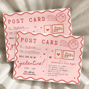 May include: Two pink postcards with red wavy borders. The postcards read "POST CARD" at the top, with text fields for "TO: My friends" and "FROM: Emily Williams". The postcards have heart and stamp illustrations and the text "WILL YOU BE MY galentine?"