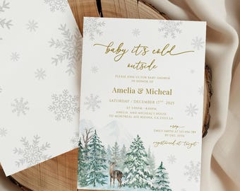Invitación para baby shower "Hace frío afuera", plantilla de invitación para baby shower de invierno, invitación de copo de nieve para baby shower, fiesta navideña