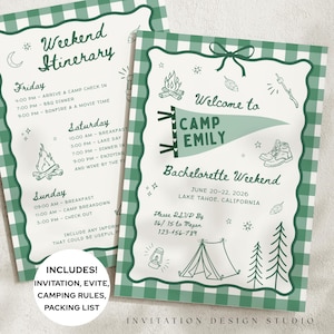 Camp Bachelorette Invitation and Itinerary Set, Lake Camping Girls Weekend Itinerary Template, Camp Bach Glamping Party