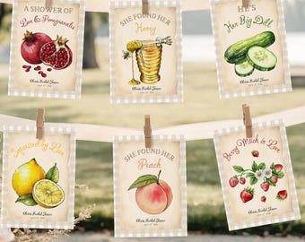Pancartas imprimibles para despedida de soltera con temática de mercado de agricultores, decoración para fiestas con temática de mercado de agricultores, guirnalda rústica de frutas y verduras.
