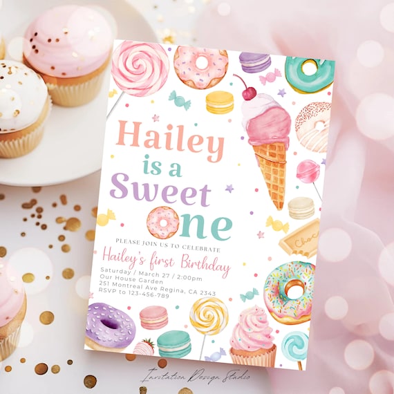 Sweet Celebration First Birthday Invitation Blush Pink Sweet One Invite Celebration Time Candyland Invitation