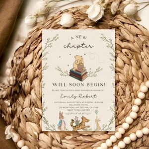 May include: A Winnie the Pooh themed baby shower invitation with a green leafy border. The invitation reads "A New Chapter Will Soon Begin!" and includes the text "Please join us for a baby shower in honor of Emily Robert". The invitation also includes the date, time, and location of the shower.