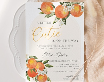 May include: A white baby shower invitation with orange blossoms and the text "A Little Cutie is on the Way". The invitation includes the name "Ellie Davis", the date and time of the shower, the location, and RSVP information.