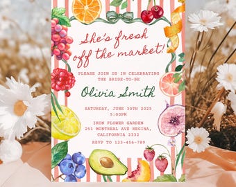 Invito per la festa nuziale "Fresh Off The Market", modello di invito per la festa nuziale "Farmers Market" disegnato a mano, invito per la festa nuziale "Coquette Colorful"