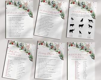 Peut inclure: Un ensemble de 25 jeux de baby shower imprimables sur le thème de Noël. Les jeux comprennent "Qui connaît le mieux maman ?", "Qui connaît le mieux papa ?", "Grossesse animale", "Baby shower autour du monde", "Rimes d'enfants" et "Associez les bébés animaux à leur maman".