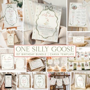 Może przedstawiać: Zestaw artykułów na przyjęcie z motywem "One Silly Goose". Zawiera zaproszenia, znaki, dekoracje na babeczki i baner. Schemat kolorów jest miękki z różowymi, zielonymi i beżowymi tonami. Tekst "One Silly Goose" jest widoczny na kilku elementach.