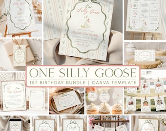 One Silly Goose Birthday Invitation Bundle, Vintage Silly Goose Girl 1st Birthday Package, Pink Floral Goose Party Decor
