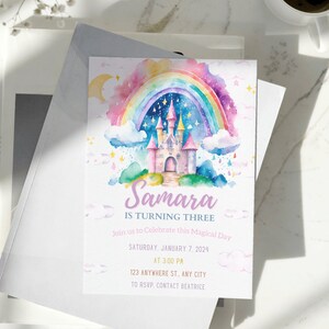 May include: A watercolor birthday invitation featuring a rainbow, castle, and clouds. The invitation reads "Samara is turning three" with event details. The design includes pastel colors and stars.