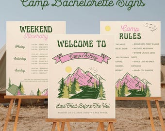 Plantillas de letreros para despedidas de soltera en campamento, decoración para fiestas de fin de semana de despedida de soltera en campamento, plantilla de itinerario editable para viajes de chicas, letrero imprimible para campamento