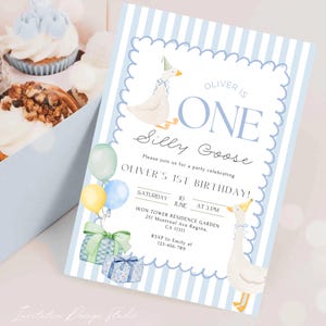 May include: A blue and white striped invitation with a white goose illustration. The invitation says "Oliver is One Silly Goose" and includes details for a first birthday party.