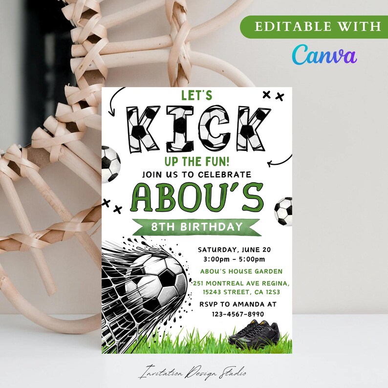 May include: A green and black soccer-themed birthday invitation with the text "Let's Kick Up The Fun! Join Us To Celebrate Abou's 8th Birthday". The invitation includes a soccer ball, a soccer net, and a pair of soccer cleats.