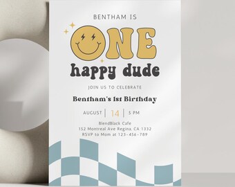 One Happy Dude Birthday Invitation Retro Smile Face 1st Birthday Invite Dusty Blue Happy Dude Invitation