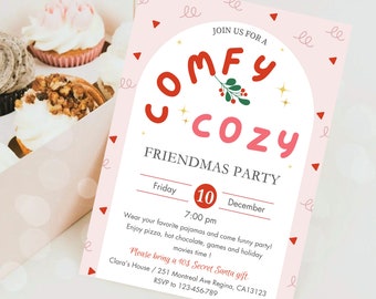 Puede incluir: Una invitación rosa y blanca con acentos rojos y verdes para una "Fiesta Comfy Cozy Friendmas" el viernes 10 de diciembre a las 7:00 pm. La invitación incluye detalles sobre la fiesta, incluido el código de vestimenta, las actividades y una solicitud para traer un regalo de Secret Santa de 40 €. La invitación también incluye la dirección y la información de RSVP.