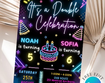 Editable Sibling Birthday Invitation Neon Birthday Combine Invitation Neon Birthday Sibling Invitation