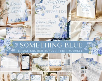 Kit "Qualcosa di blu prima del matrimonio" per addio al nubilato, invito per addio al nubilato con ortensie blu, giochi e cartelli per addio al nubilato con motivi floreali blu polvere