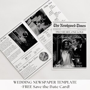 May include: A black and white wedding announcement template in the style of a newspaper. The headline reads "The Newlywed Times" with the subheading "Two Heart, One Love". The couple's names are Marie & John. The announcement includes a black and white photo of the couple.