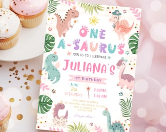 Editable Pastel Dinosaur First Birthday Invitation Girl Dinosaur Invite Dinosaur Birthday One-asaurus Invite