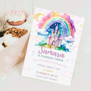 May include: A birthday invitation with a watercolor design featuring a castle, rainbow, and clouds. The invitation reads "Samara is Turning Three" with event details. Cupcakes in a box are visible in the background.