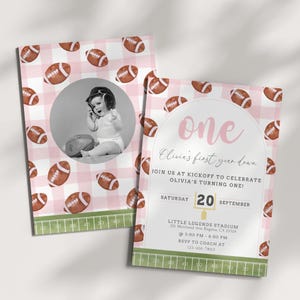 First Year Down Birthday Invitation 1st Year Down Girl Birthday Invitation With Photo Football 1st Birthday First Down Birthday