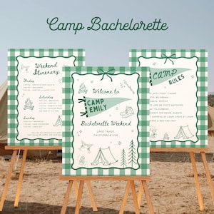 Lake Camping Bachelorette Sign Template, Large Camping Welcome Sign with Weekend Itinerary, Girls Trip Bachelorette Decor