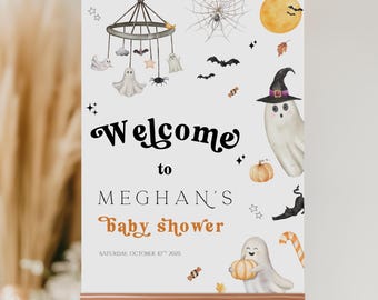 Little Boo Halloween-Babyparty-Willkommensschild, unser Little Boo ist fast aufgrund des Zeichens, bearbeitbares gruseliges Baby-Willkommensplakat