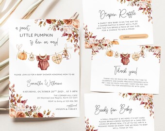 May include: Baby shower invitation and cards with a fall theme. The invitation reads "a sweet little pumpkin is her on way!" and includes details for the event. Additional cards include "Diaper Raffle," "Thank you!," and "Books for Baby."