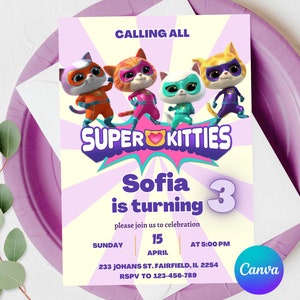 Edytowalne zaproszenie Super Kitty Urodziny SuperKitty Impreza SuperKitties Zaproszenie na kociaka Słodkie zaproszenie