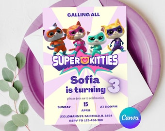 Editable Super Kitty Invite SuperKitty Birthday SuperKitties Party Kitten Invitation Cute Invite
